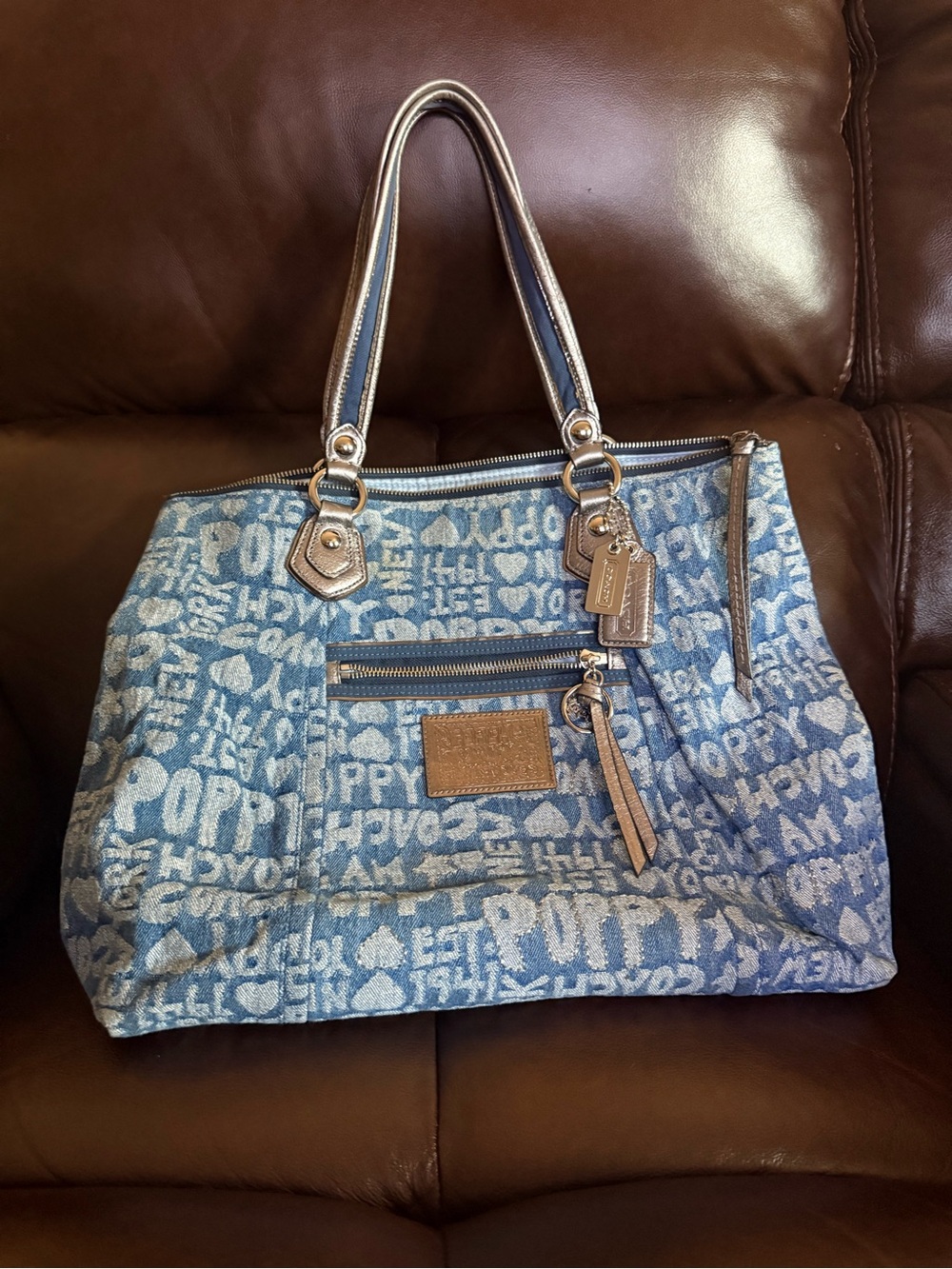Coach Denim Blue 'Poppy' Tote with Tan Leather Trim